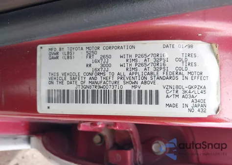 1998 Toyota 4Runner Sr5 V6 Limited from USA, damaged, VIN JT3GN87R9W0073710